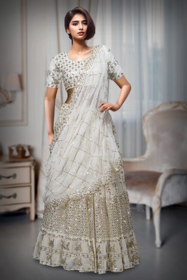 White Heavy Cording Sequence Worked Bridal Lehenga  With Pure Detailed Blouse And Dupatta