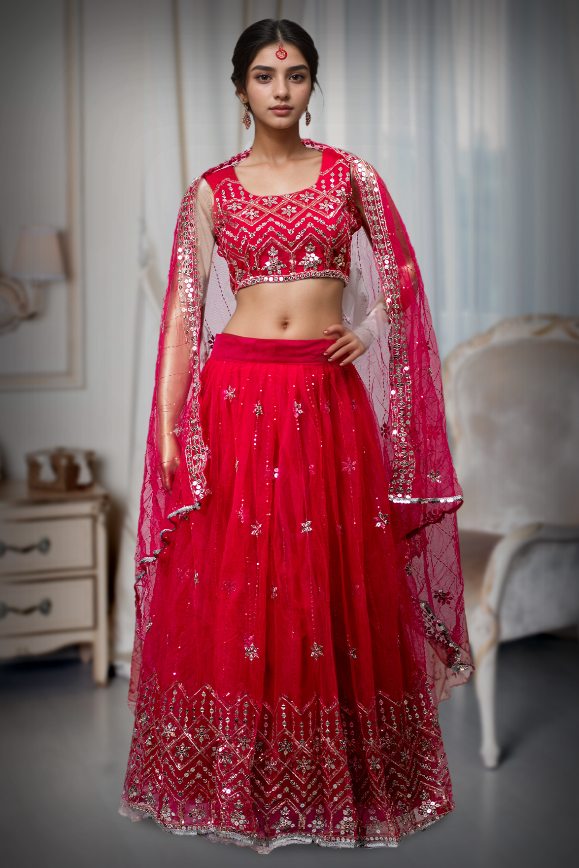 Rani pink Net Lehenga With Minimal Mirror Work Detailing With Sleeveless Blouse And Same Colour Dupatta