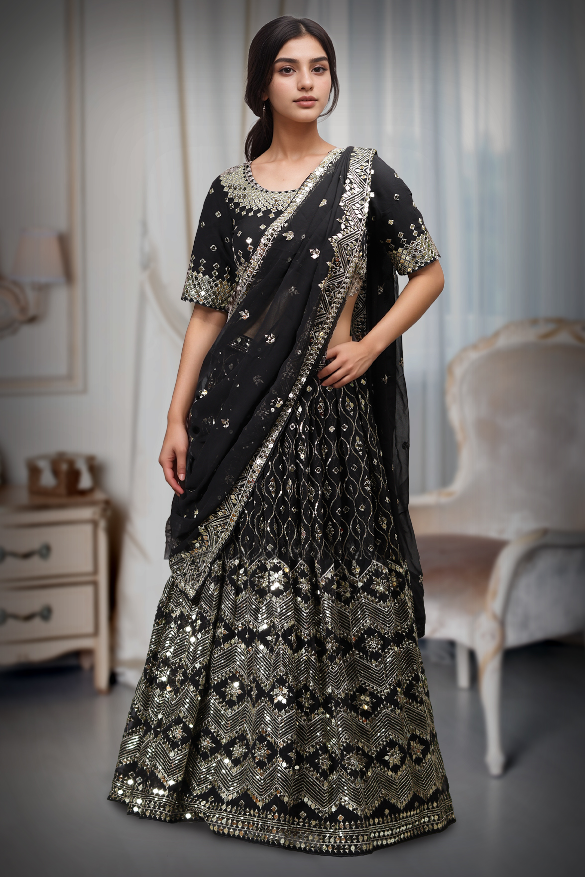Black Crepe Lehenga With Golden Embellishments And Sequin Work With Heavy Embellished Blouse And Same Colour Dupatta
