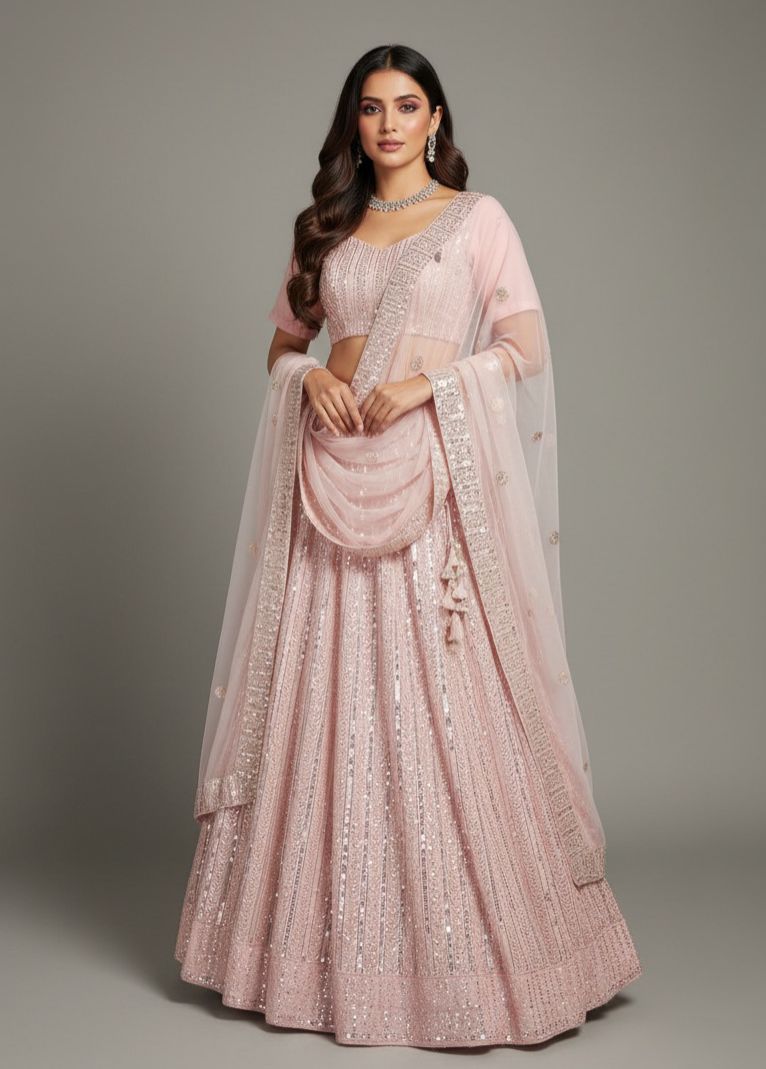 Baby Pink Minimal Lehenga With Heavy embellished Border In Skirt With Detailed Blouse And Dupatta
