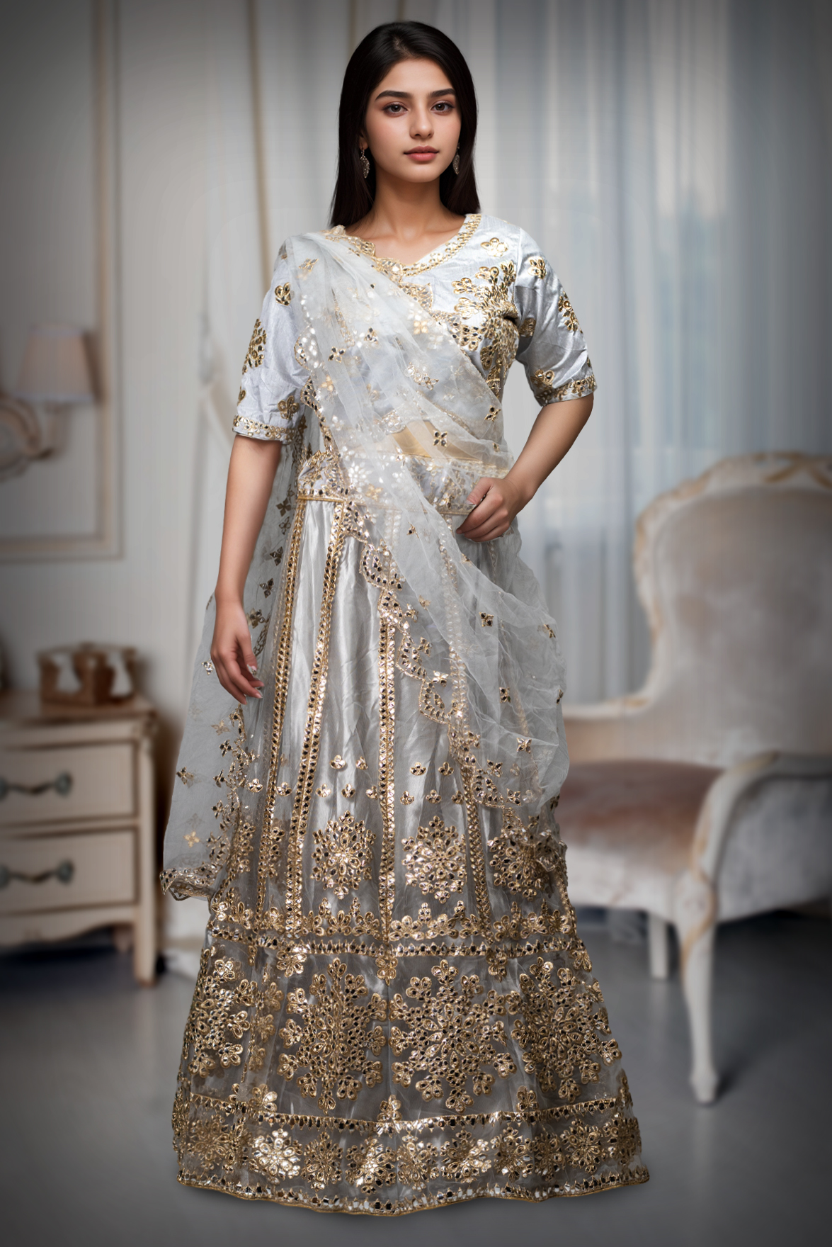 Ocean Grey Net Lehenga With Heavy Detailing On Skirt , Blouse And Dupatta