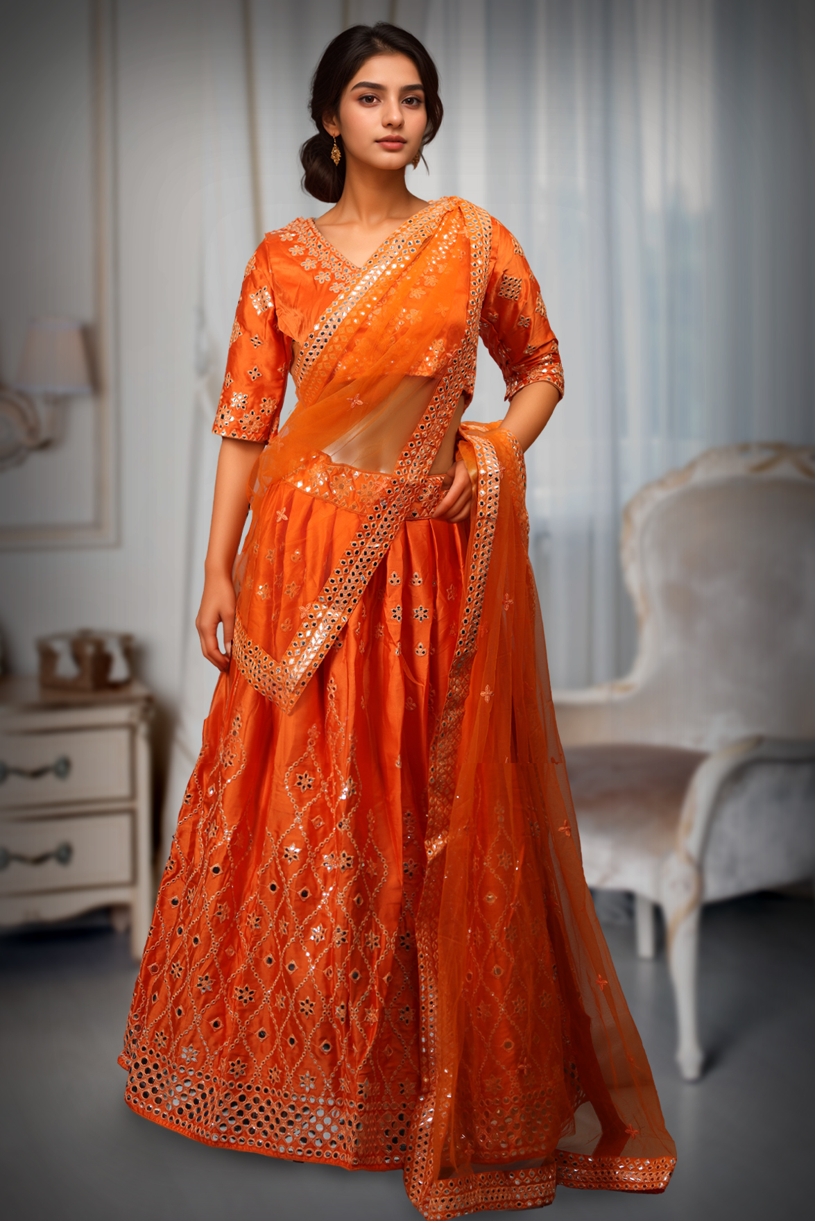 Orange Minimal Lehenga With Mirror Work Embellishment And Net Dupatta
