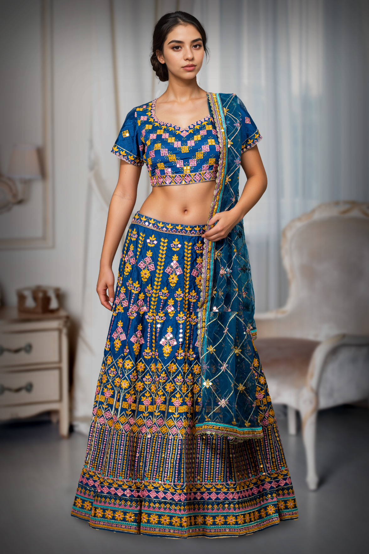 Cobalt Blue Heavy Worked Lehenga With Contrast Colour Threadwork Details And Same colour Dupatta