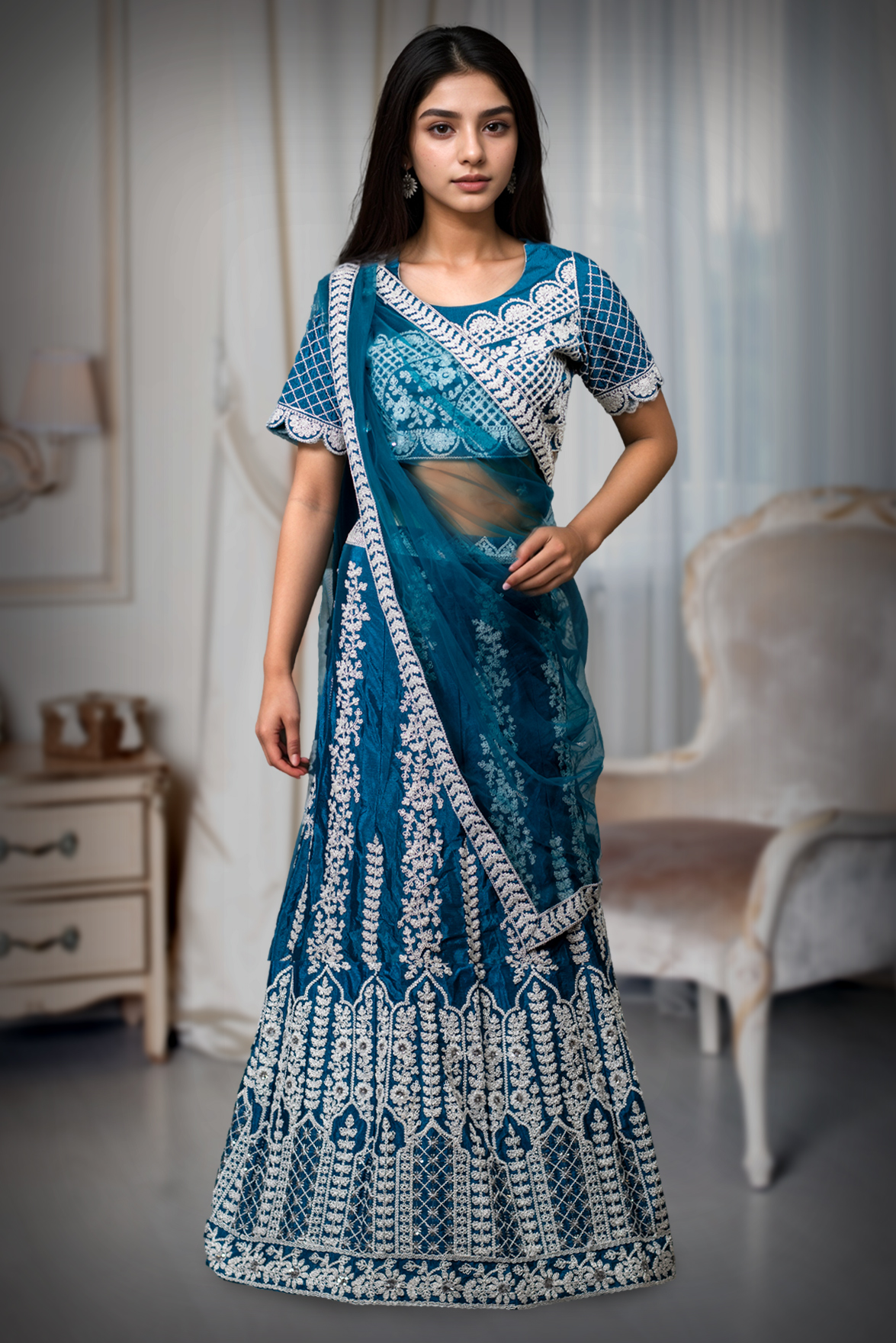 Teal Blue Faux Georgette Lehenga With White Threadwork Details