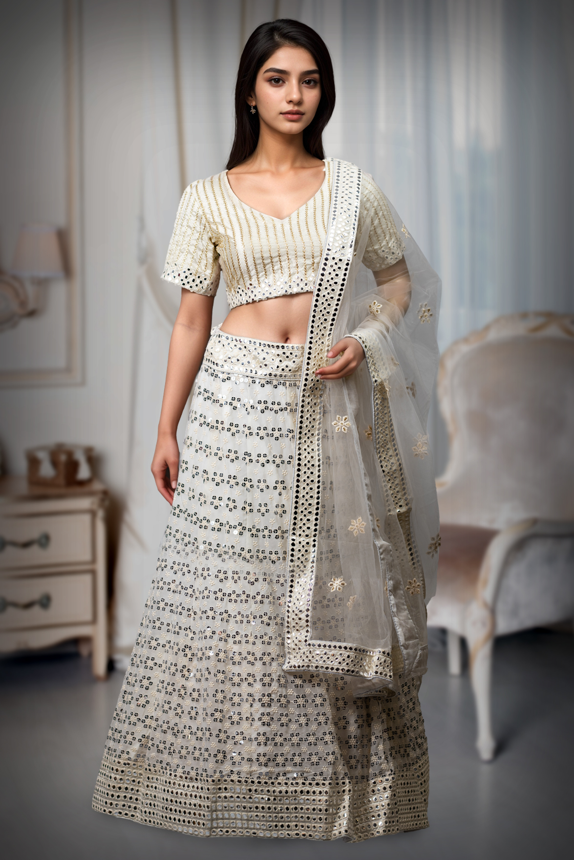 White Georgette Lehenga With Exquisite Mirror Work With Heavy Detailed Blouse And Same Colour Dupatta