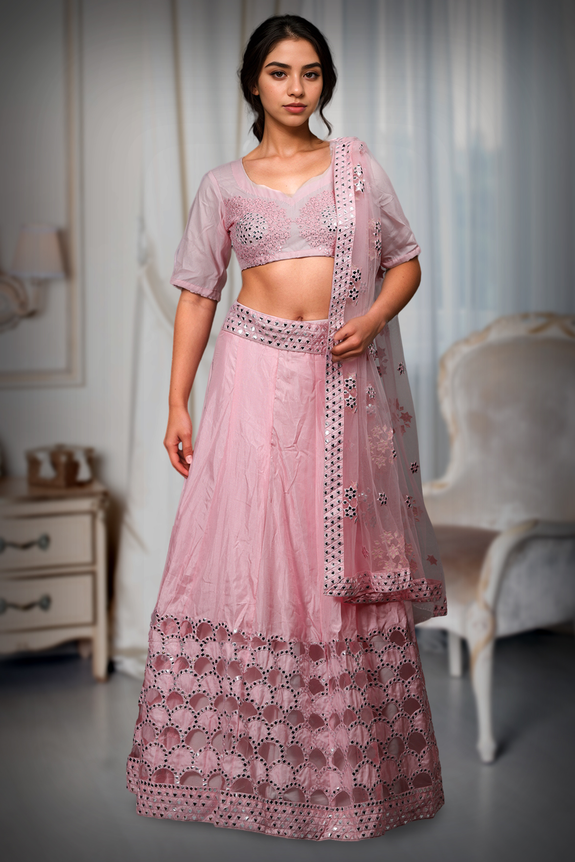 Baby Pink Minimal Lehenga With Heavy Detailed Paper Mirror Work embellished Border In Skirt With Detailed Blouse And Dupatta
