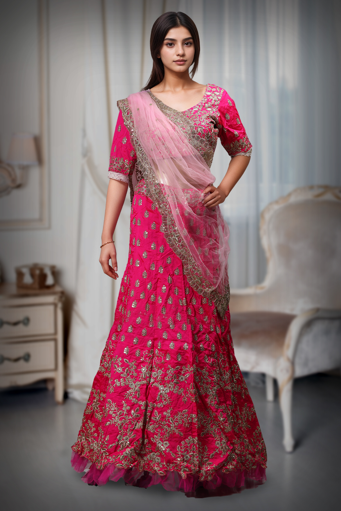 Rani pink Crepe Lehenga With Golden Threadwork Detailing With  Blouse And Baby Pink Colour Dupatta