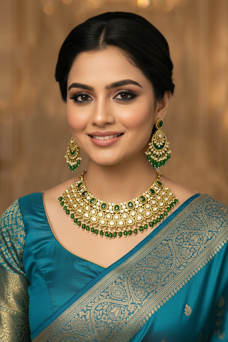 Beautifully Crafted Ethnic Jewelry With Sparkling White And Green Gemstones.