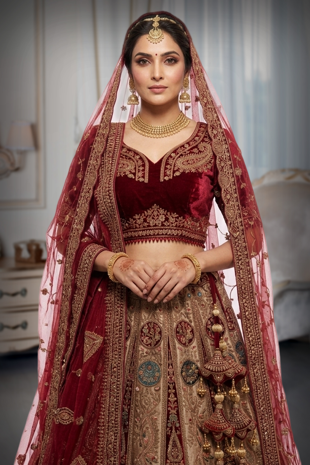 Meroon Heavy  Velvet bridal Lehanga With Dual Dhuppatta