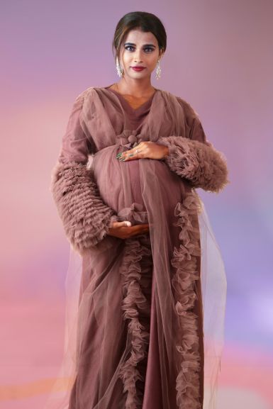 Pinkish brown ruffle sleeve robe open gown