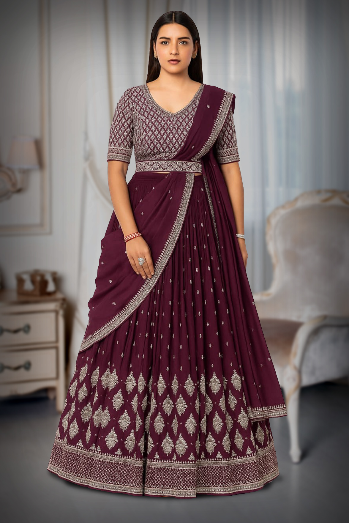 Wine Purple Pre Wedding Lehenga With Golden Threadwork Details