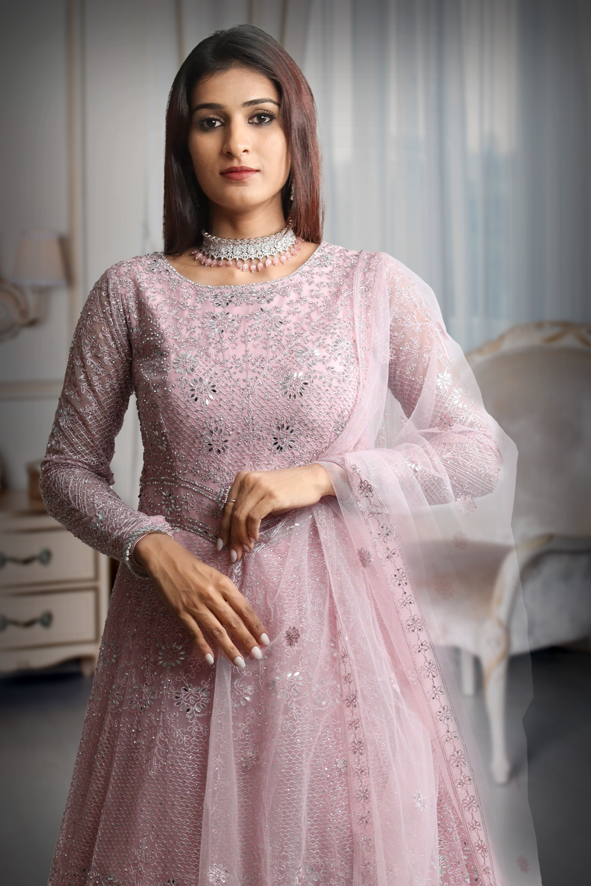 Pastel Pink Full Sleeve Gown With Stone Work Detailing And Sea Colour Dupatta