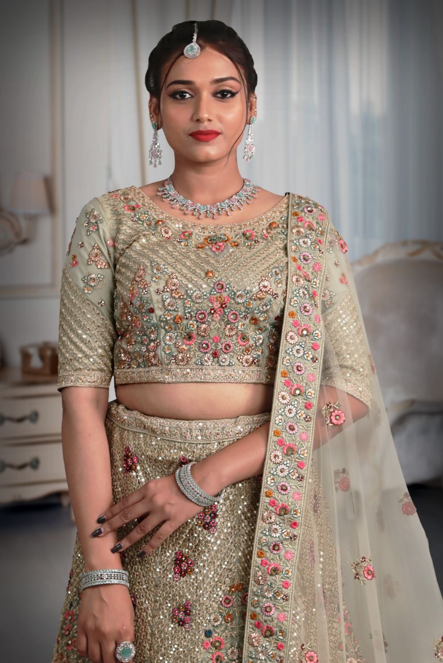 Light green sequins work lehenga