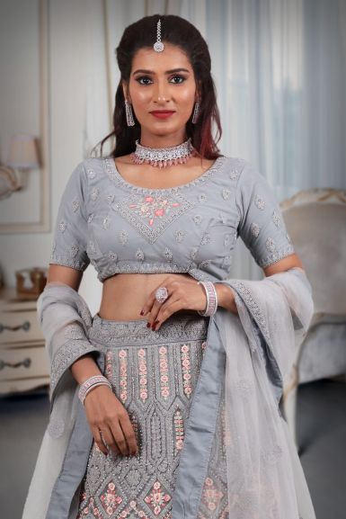 Gray embroidery work lehenga