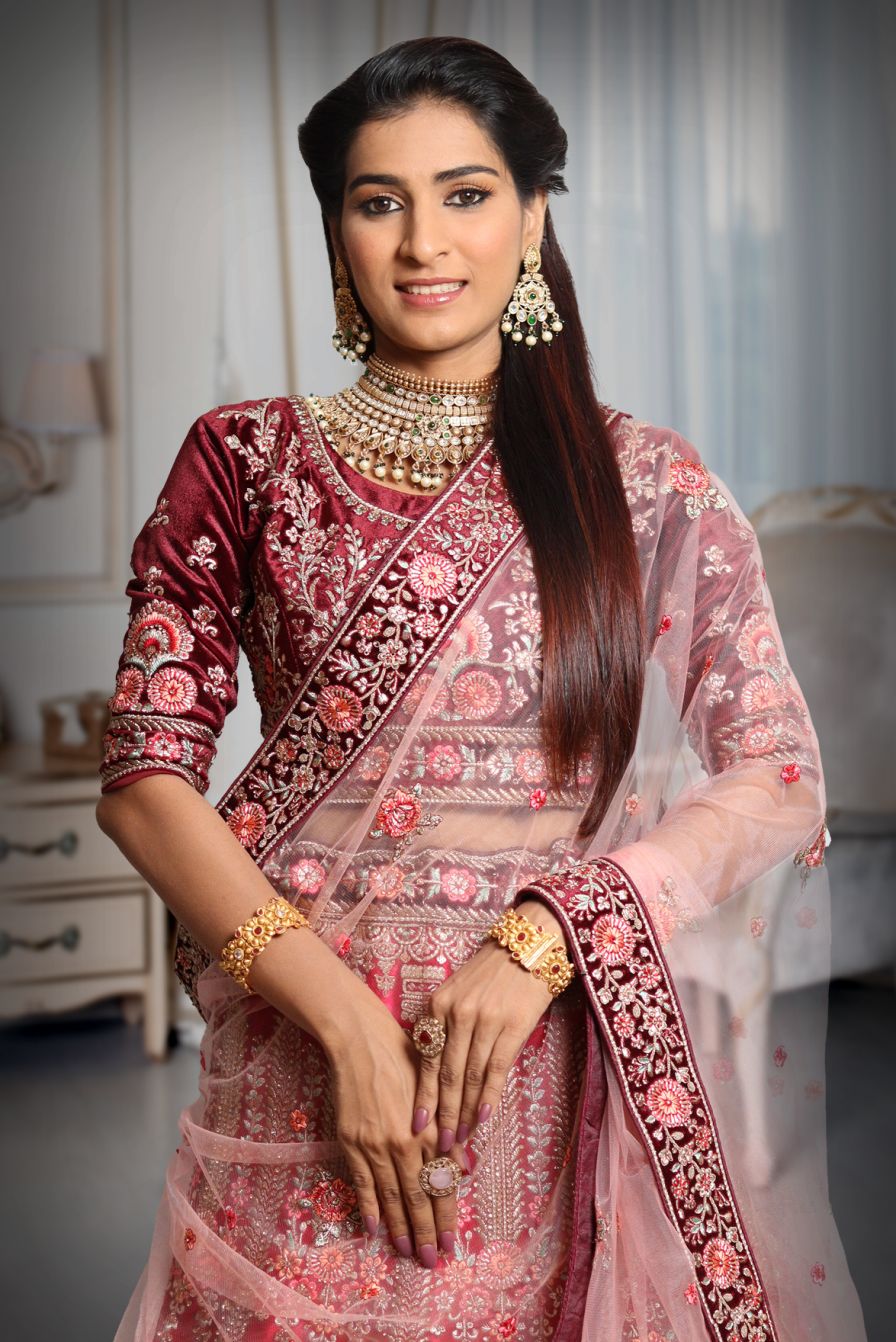 Dark pink & Maroon combination heavy embroidery lehenga