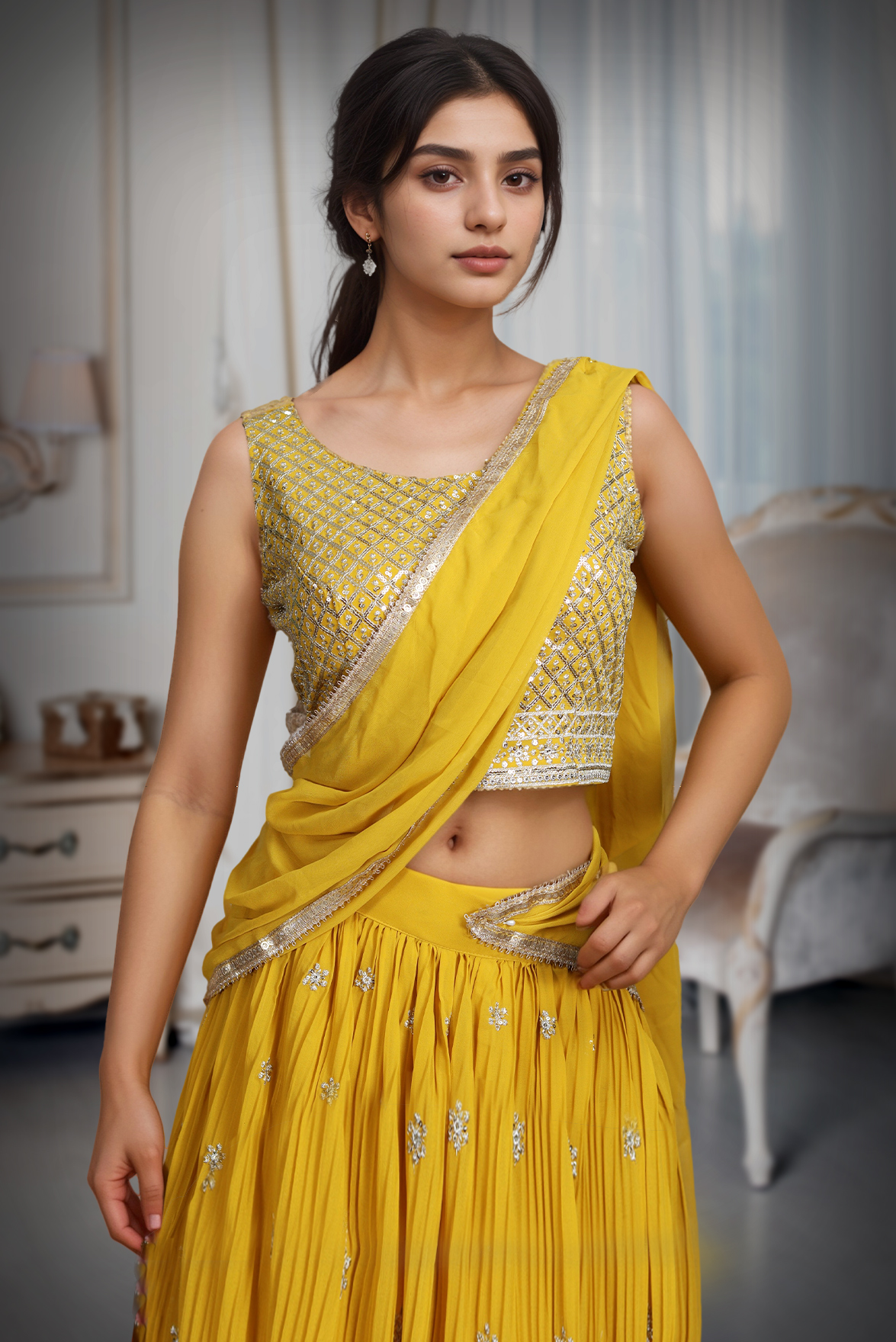 Minimalist Yellow Georgette Lehenga Embellished With Sequin Work And This Comes With Same Colour Blouse And Dupatta