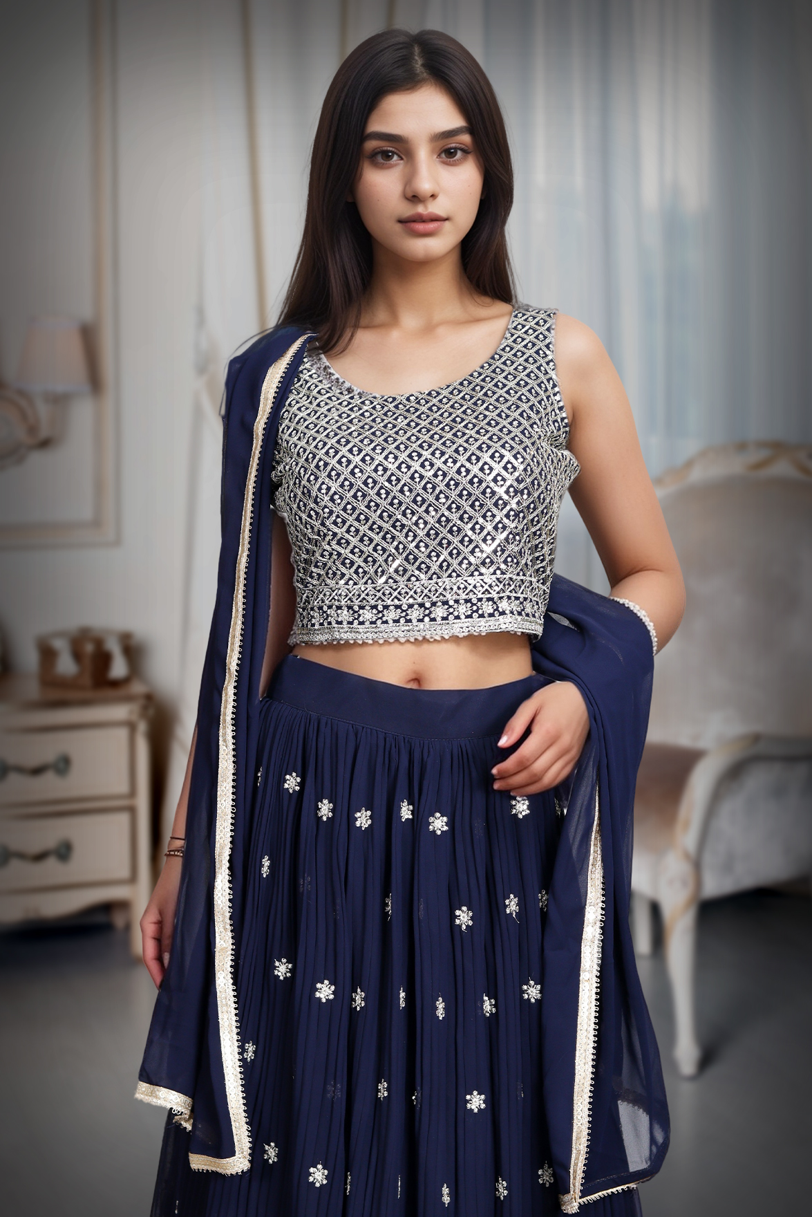 Minimalist Navy Blue Georgette Lehenga Embellished With Sequin Work