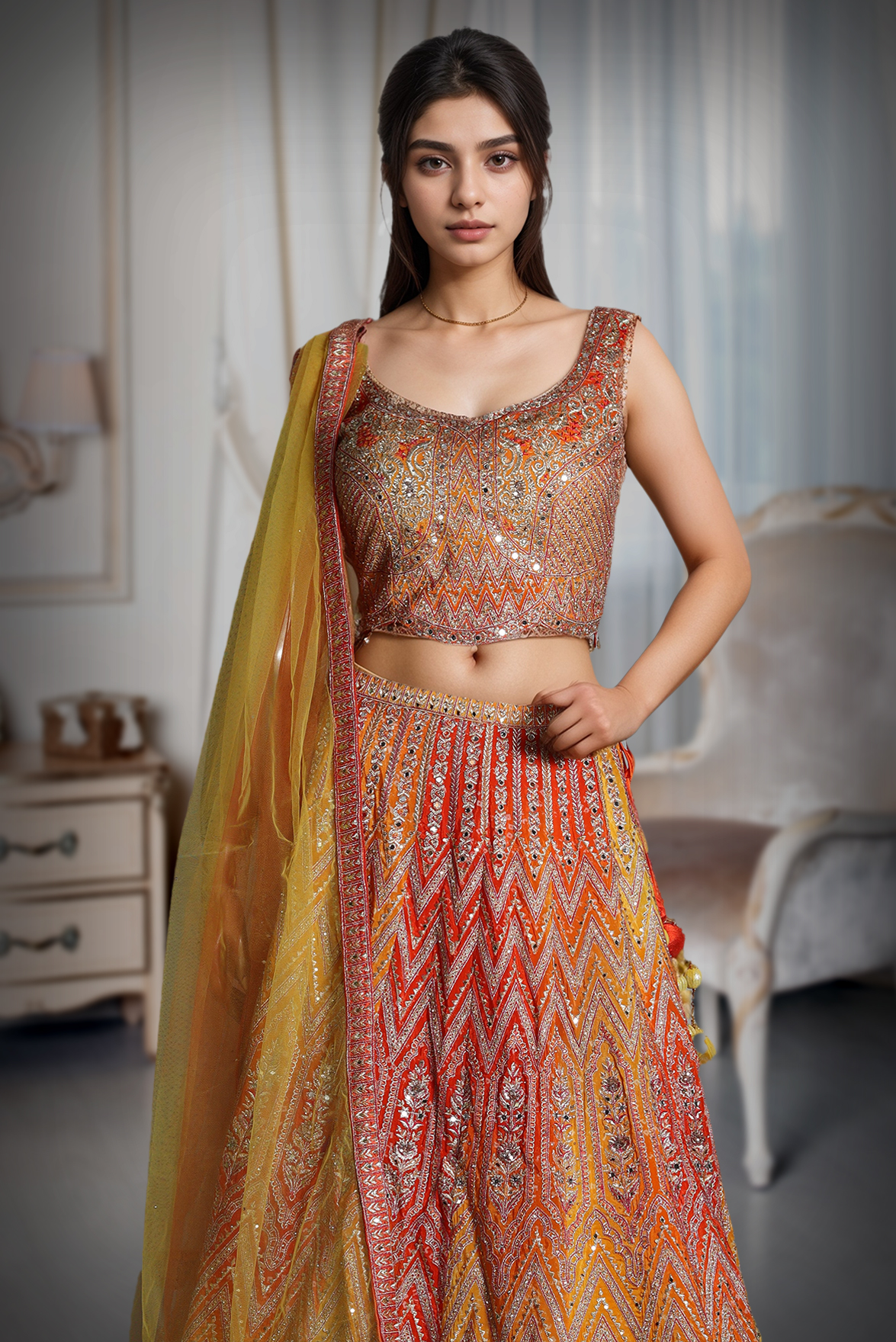 Orange And Yellow Ombre Shaded Lehenga With Heavy Embelishment Of Threadworks