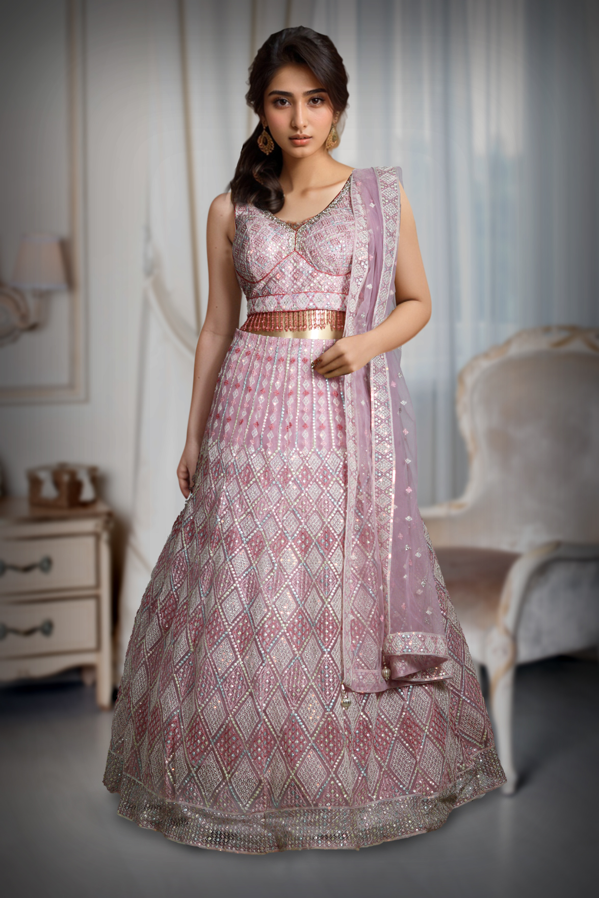 Pastel Peach Heavy Stone Worked Bridal Lehenga