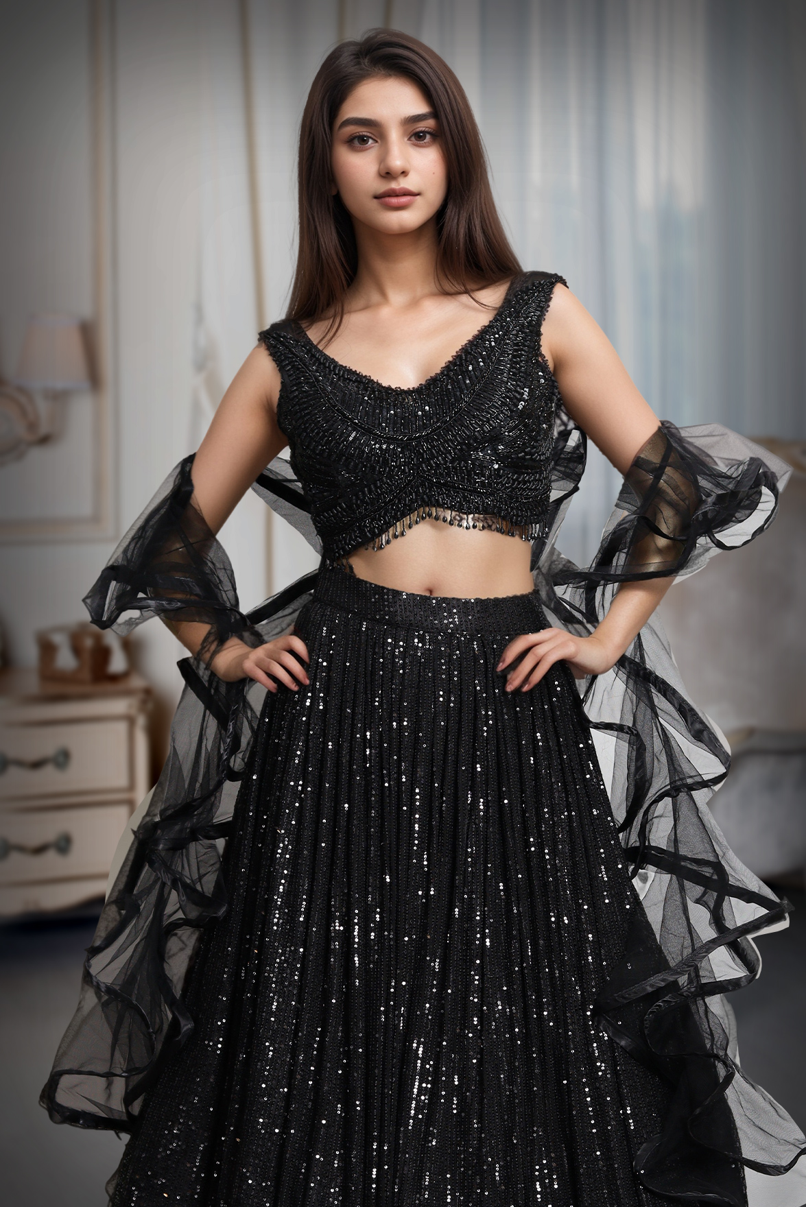 Black Heavy Beads Worked Bridal Lehenga