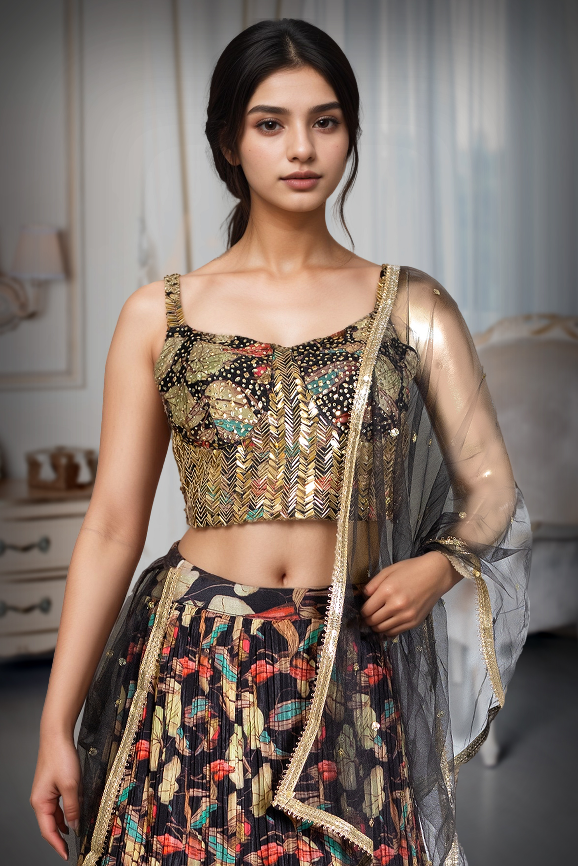 Multicolour Beads Worked Minimal Bridal Lehenga