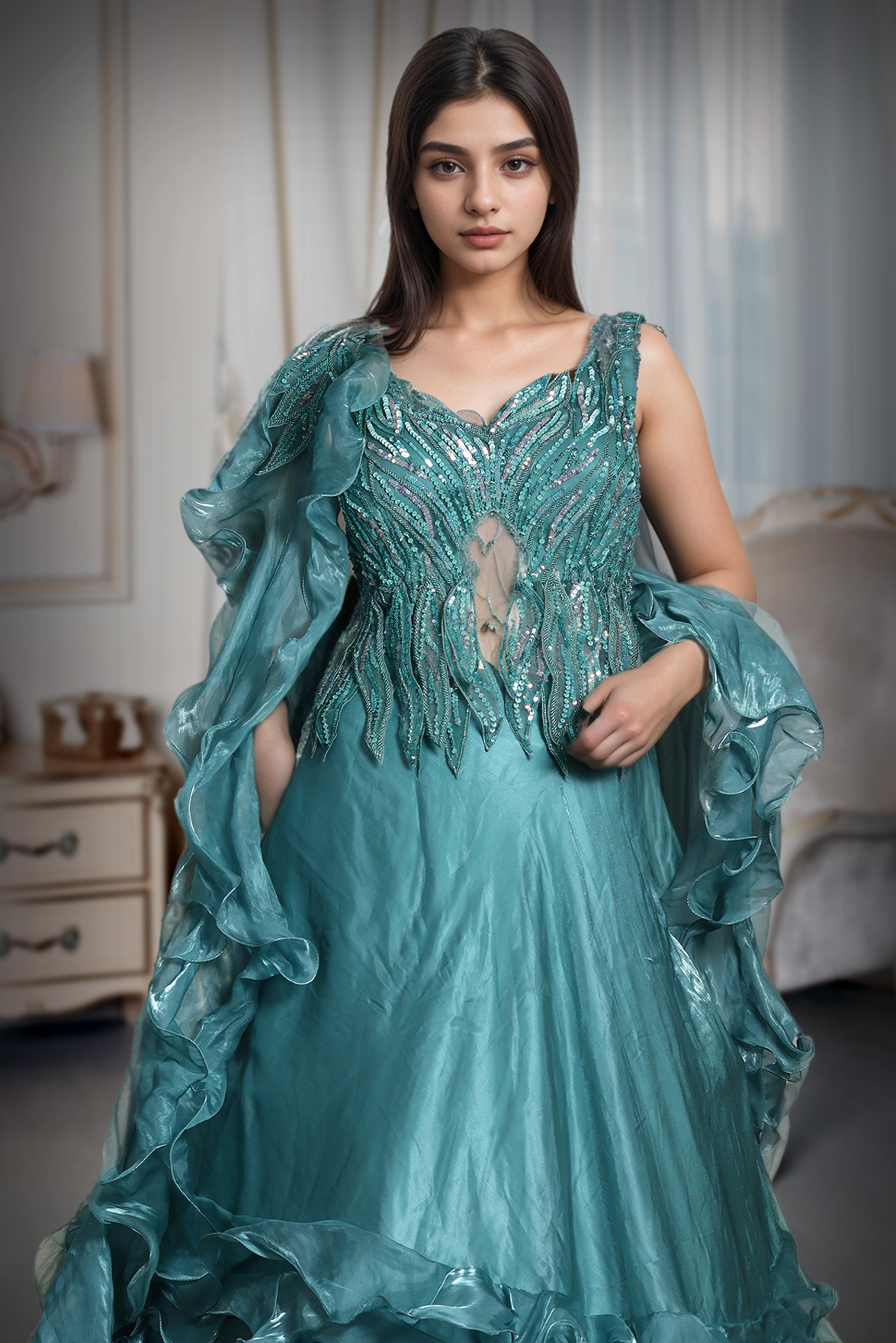 Cyan Blue Tissue Silk Lehenga With Heavy Stone Worked Blouse And Ruffle skirt