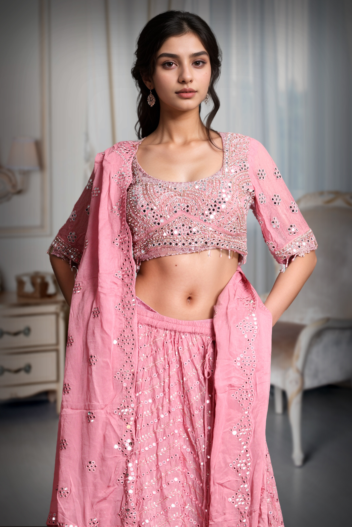 Dark Peach Georgette  Heavy Worked Lehenga With Same Colour Blouse and Dupatta