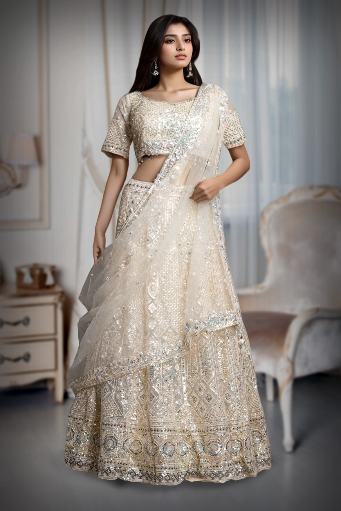 Off White Heavy Bridal Lehenga With Same Colour Dupatta