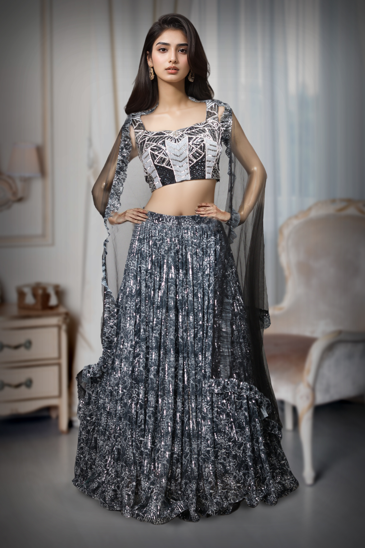 Black And Silver Heavy Worked Pre Wedding Lehenga