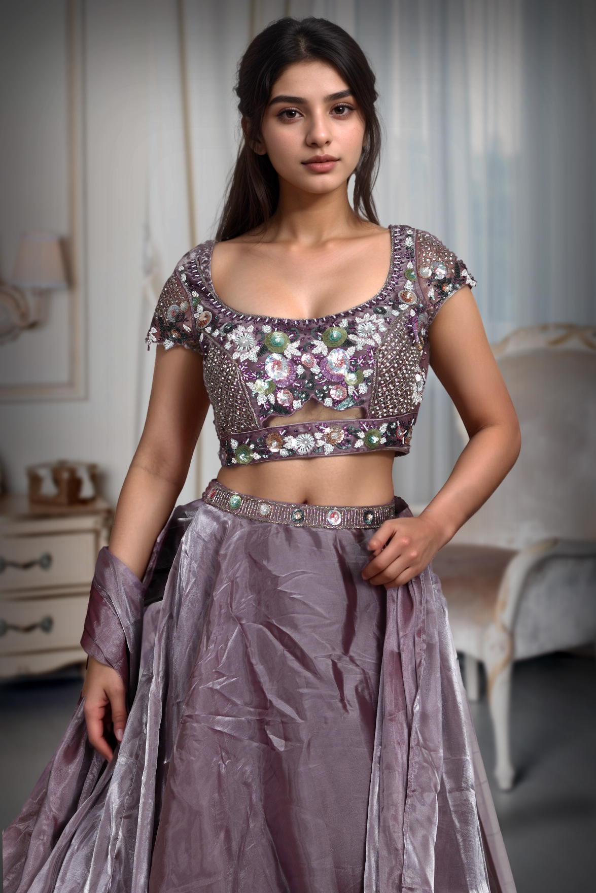 Lilac Tissue Silk Lehenga With Heavy Stone Worked Blouse , Plain Skirt And Ruffle Dupatta