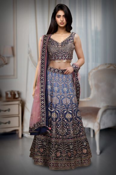 Navy Blue Heavy Thread worked Lehenga With Ombre Shade , Detailed Blouse And Minimal Dupatta