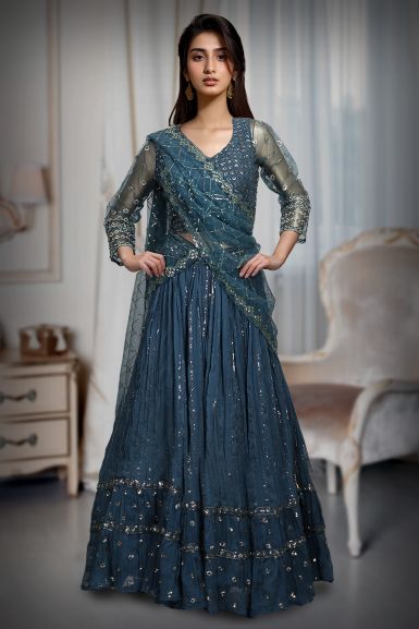 Teal Blue Minimal Lehenga With Exquisite Sequin Work Embellishment Along With Same Colour Blouse And Dupatta