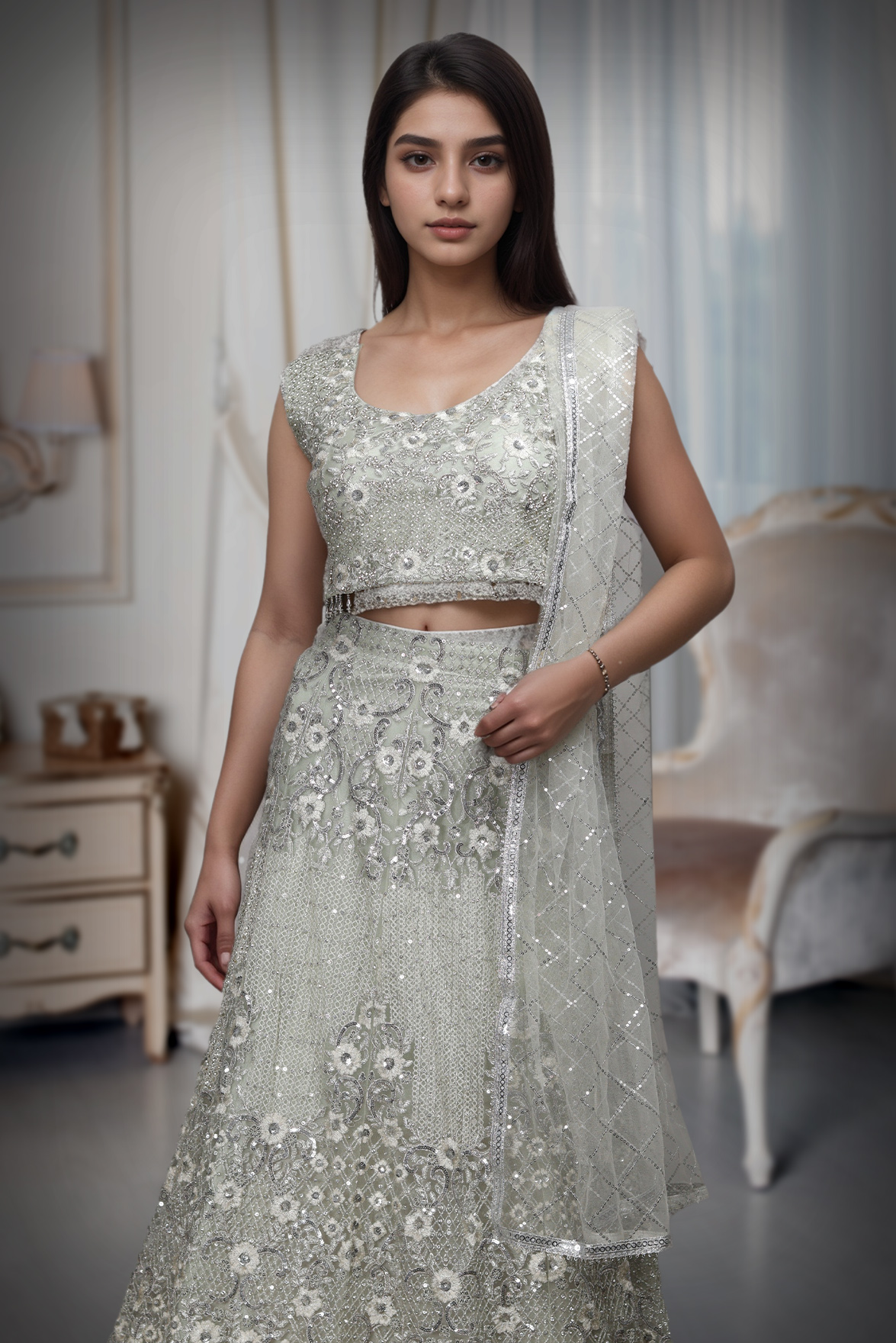 Sage Green Crop Top Lehenga With Heavy Detailed Skirt With Floral Designs And Sleeveless Blouse