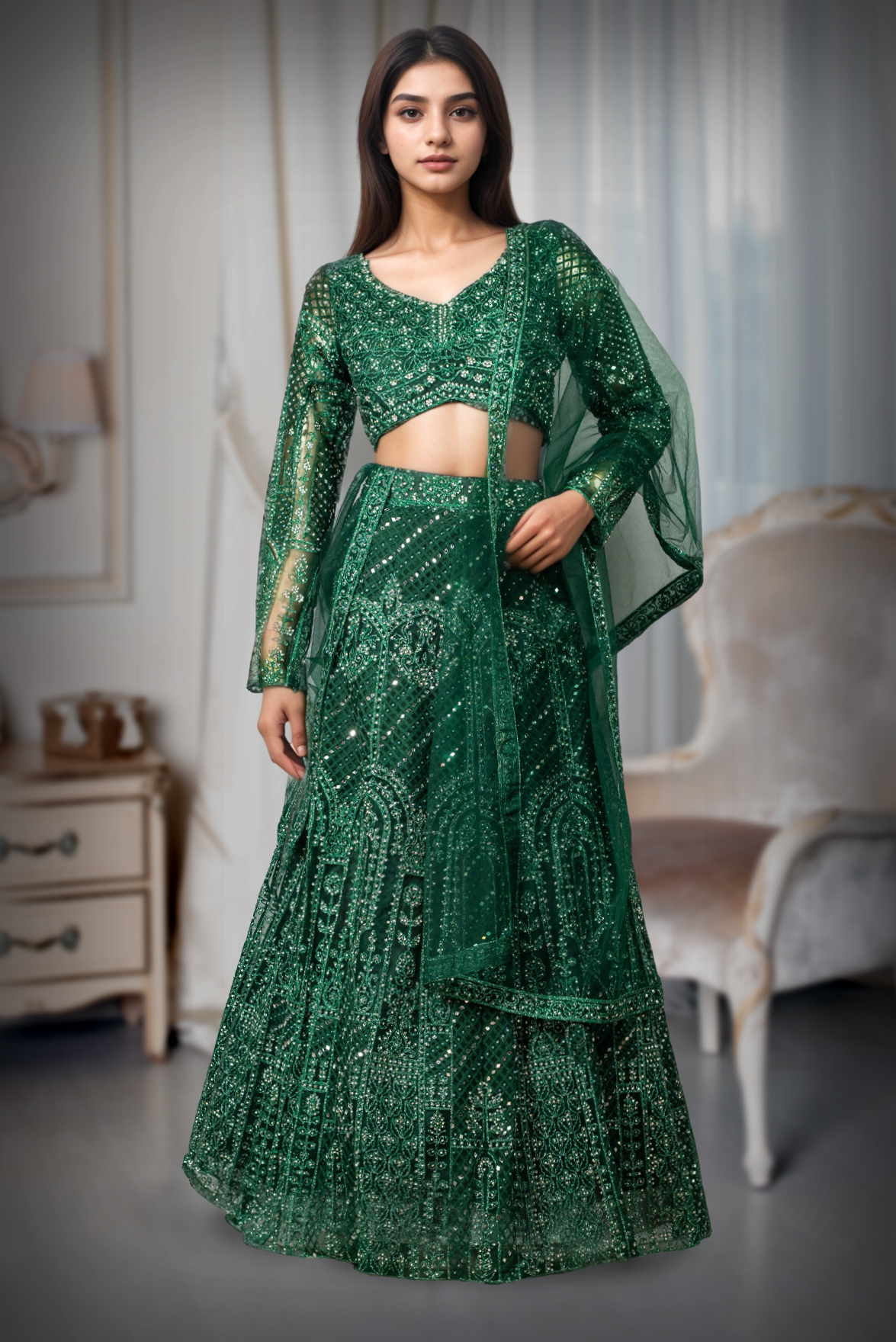 Bottle Green Crop Top Lehenga With Heavy Stonework And Threadwork