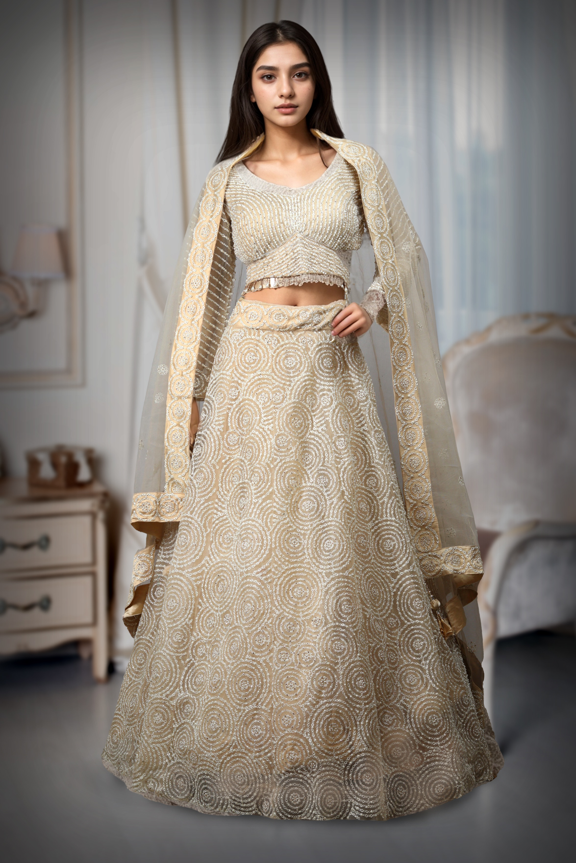 Pearl White Heavy Bridal Lehenga With Stone Work And Pearl Detaii Embellishment