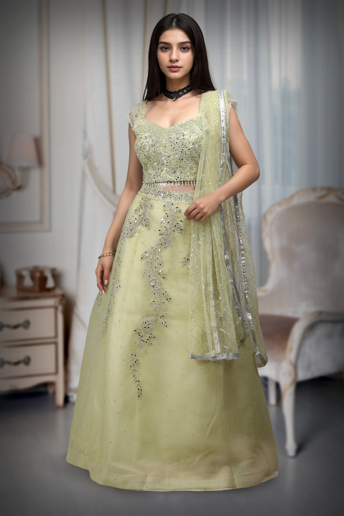 Lemon Yellow Stone Worked Crop Top  With Heavy Embellished Blouse And Dupatta