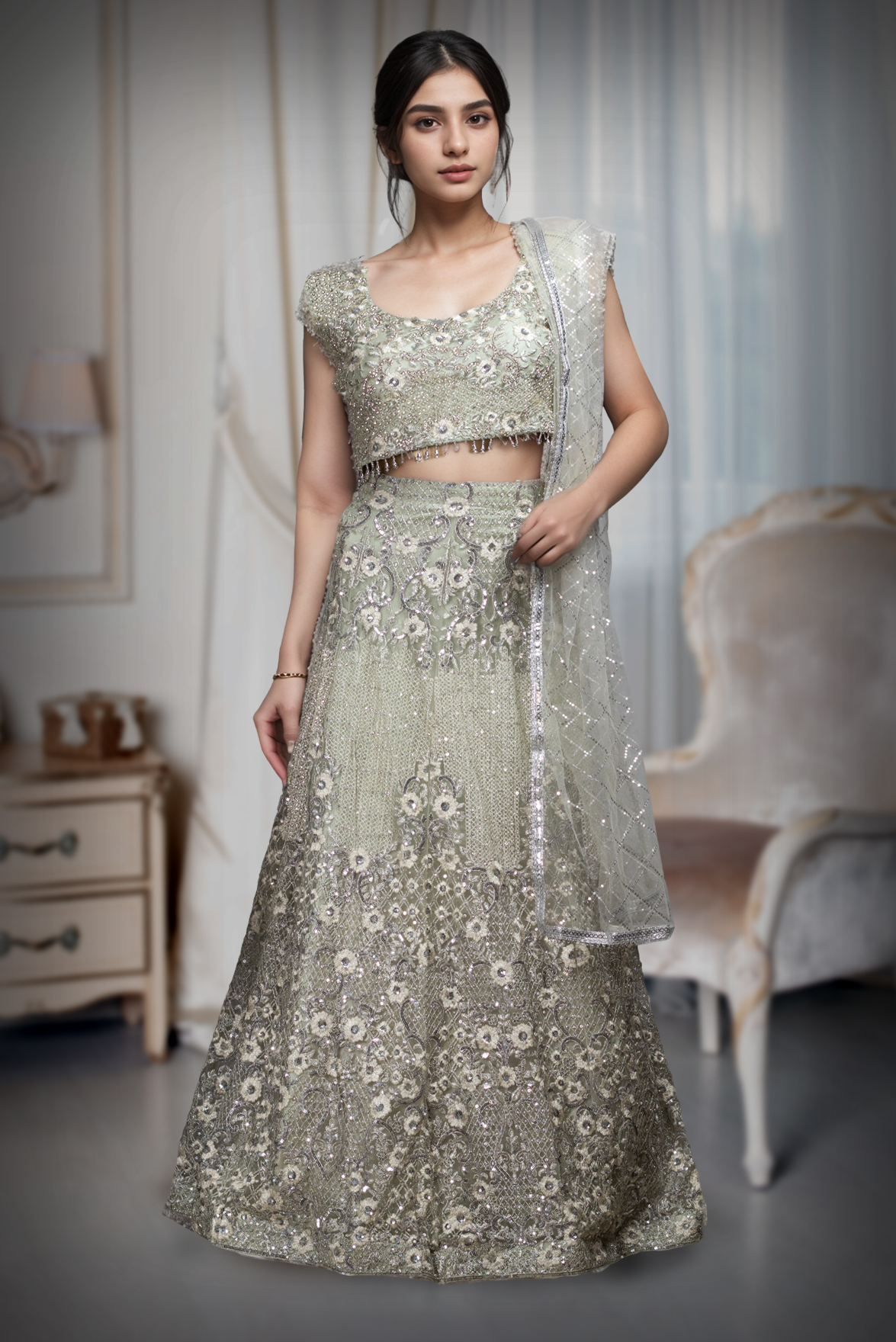Beige Colour Crop Top Lehenga With Heavy Detailed Skirt With Floral Designs And Sleeveless Blouse