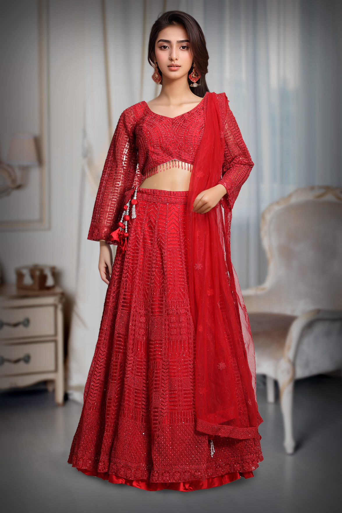 Cherry Red Crop Top Lehenga With Heavy Stonework And Threadwork