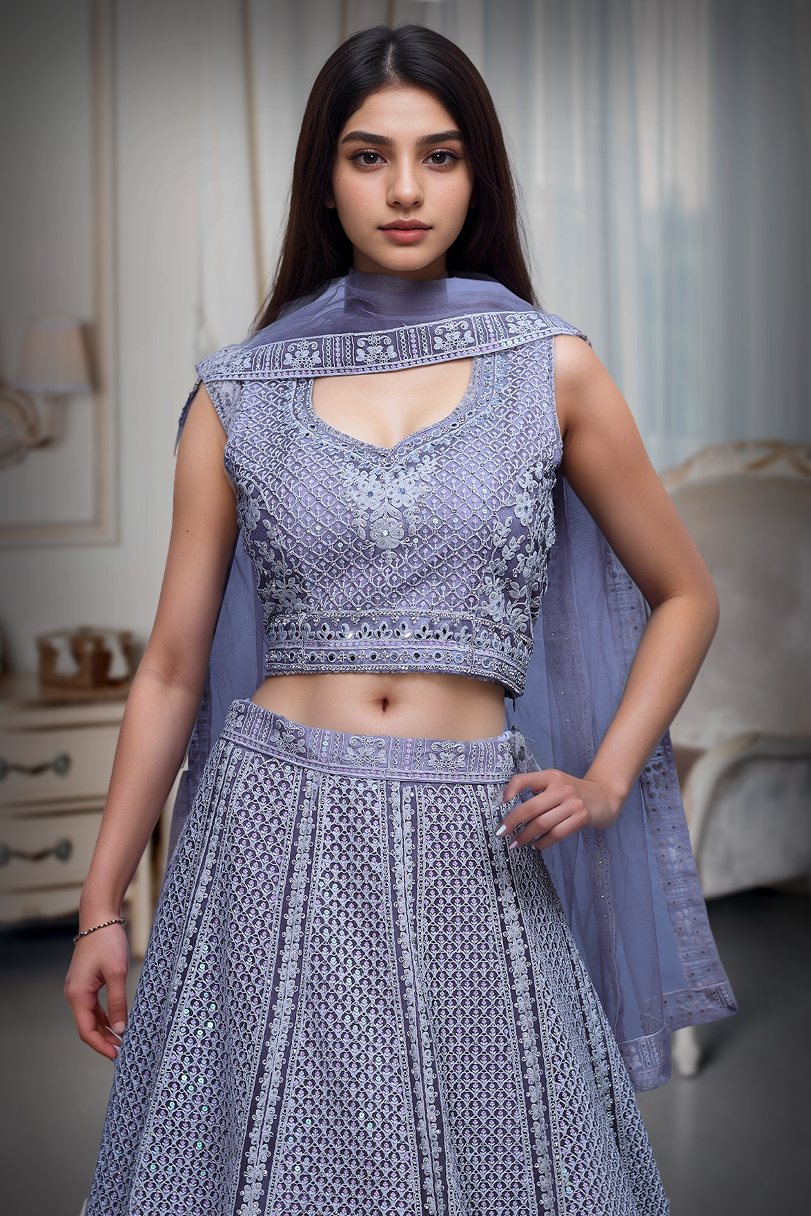 Light Lilac Heavy Stone Work Embellished Crop Top Lehenga With Same Colour Dupatta
