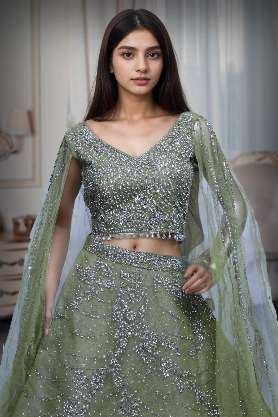 Olive Green Pre Wedding Lehenga With Net Extended Cape Sleeve