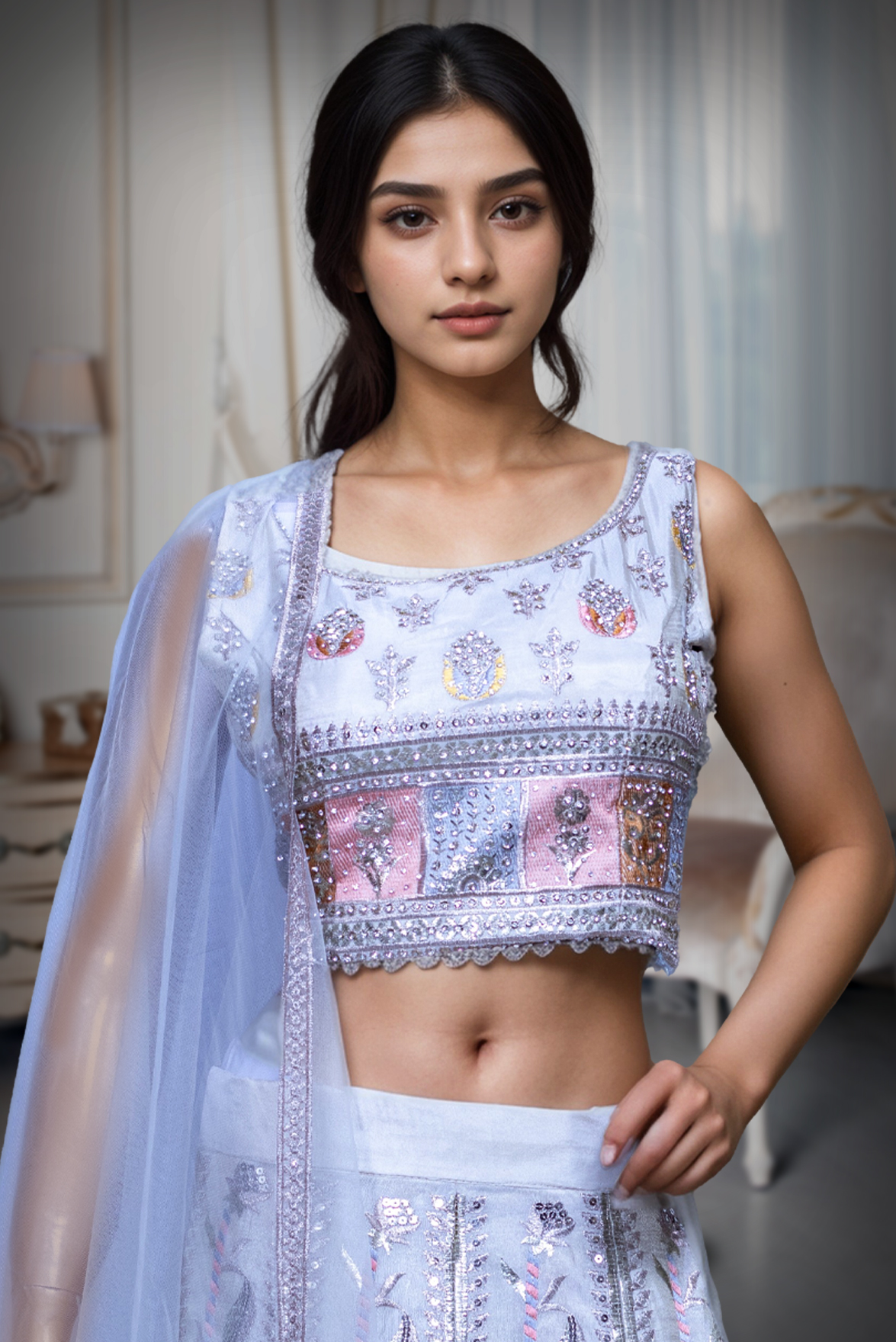 White Faux Georgette Lehenga With Light Peach Applique Details And Embroidery