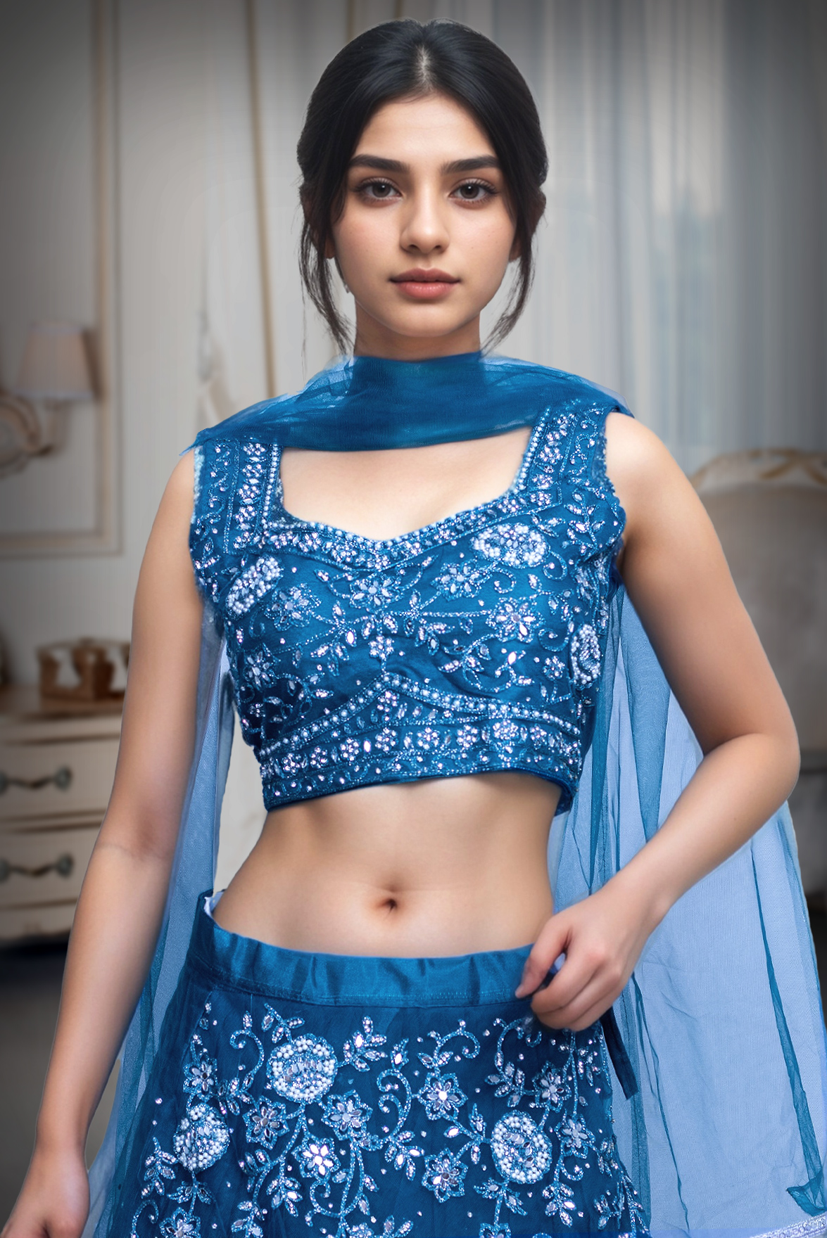 Cobalt Blue Pre Wedding Lehenga With Rich Embroidery Details In Crop Top And Skirt Along With A Simple Dupatta