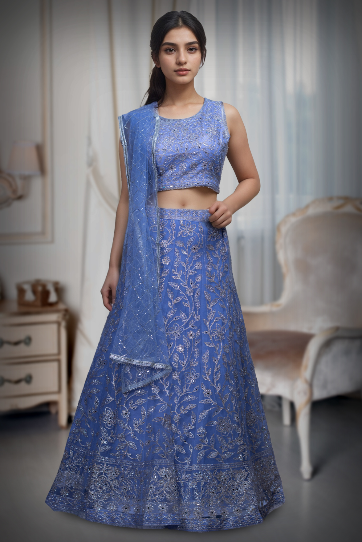 Lilac Net Lehenga With Threadwork And Stone Work Details And Same Colour Dupatta