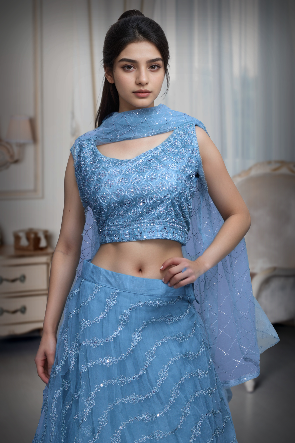 Sky Blue Minimal Net Lehenga With Threadwork Details And Same Colour Dupatta