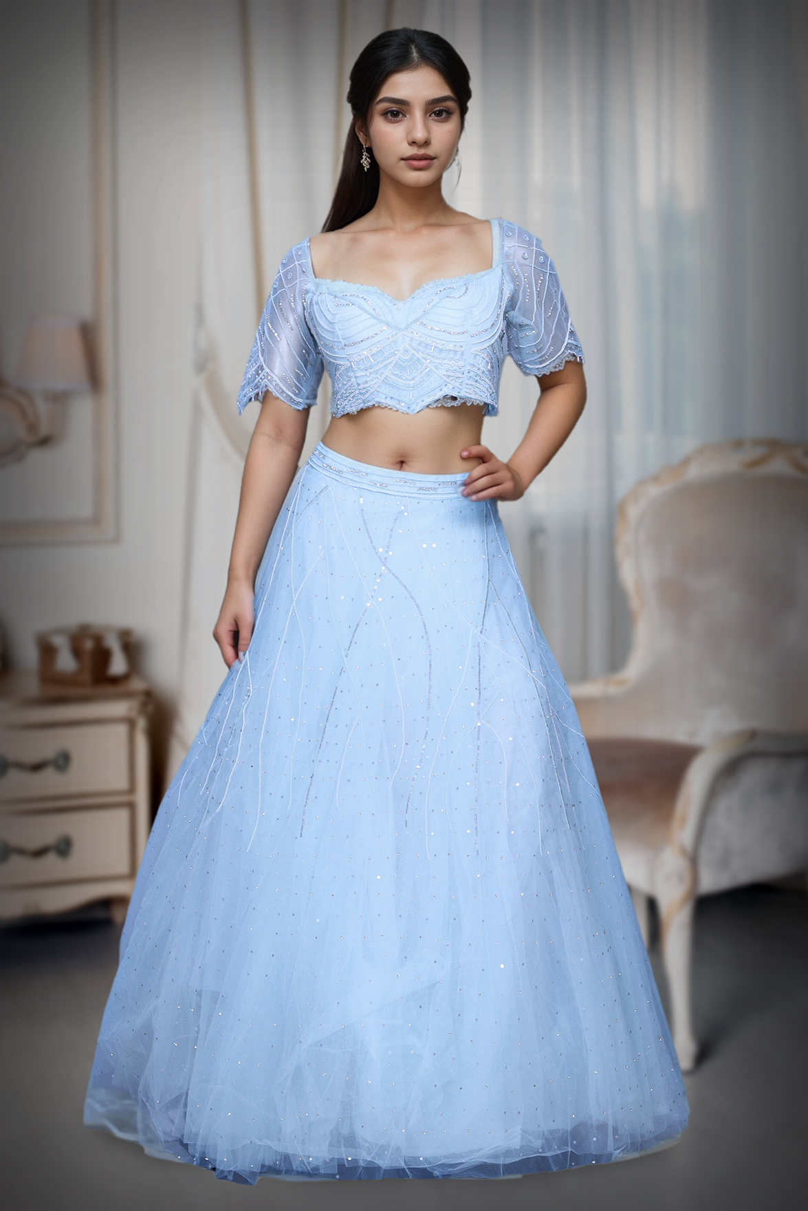 Powder Blue Net Lehenga With Threadwork And Stone Work Details