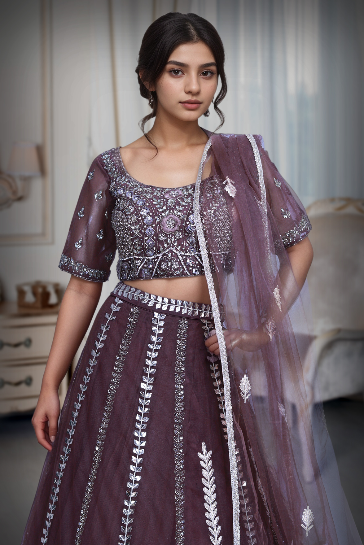 Golden Handworked Brown Wedding Lehenga With Same Colour Dupatta