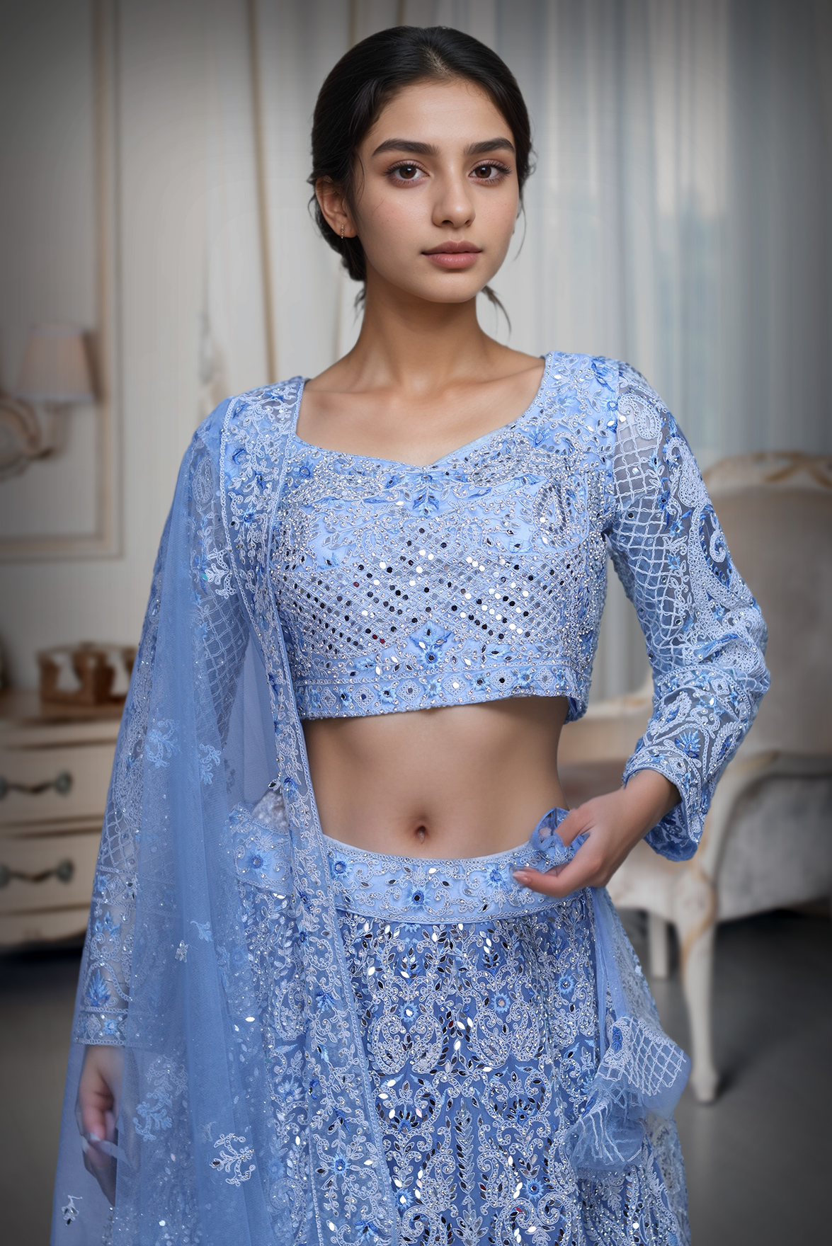 Powder Blue Net Lehenga With Threadwork And Mirror Work Details