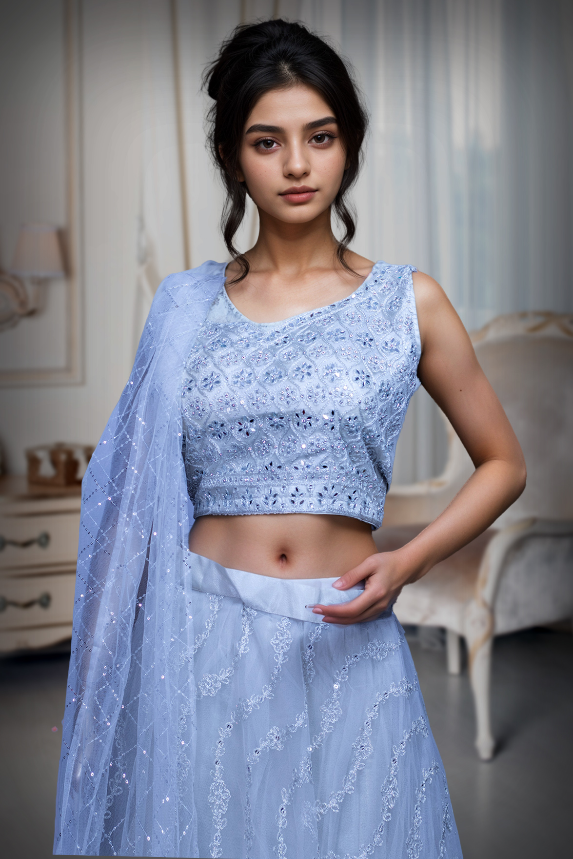 White Minimal Net Lehenga With Threadwork Details And Same Colour Dupatta