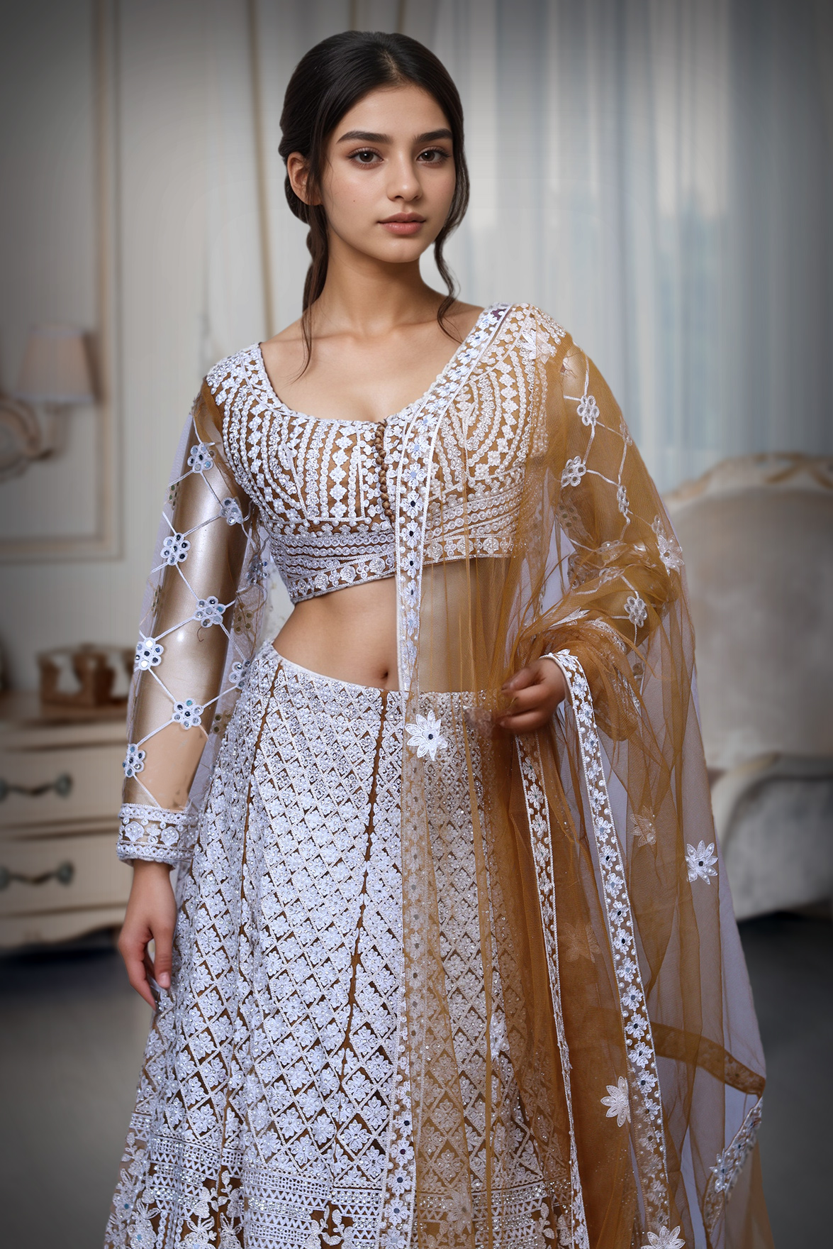White Threadwork Embellished Dark Ochre Pre Wedding Lehenga