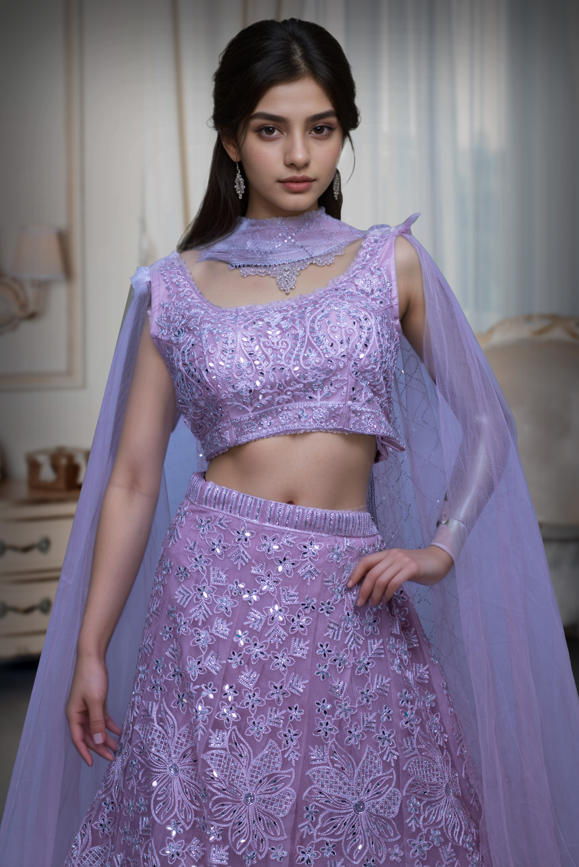 Light Pink Minimal Net Lehenga With Threadwork Details And Same Colour Dupatta